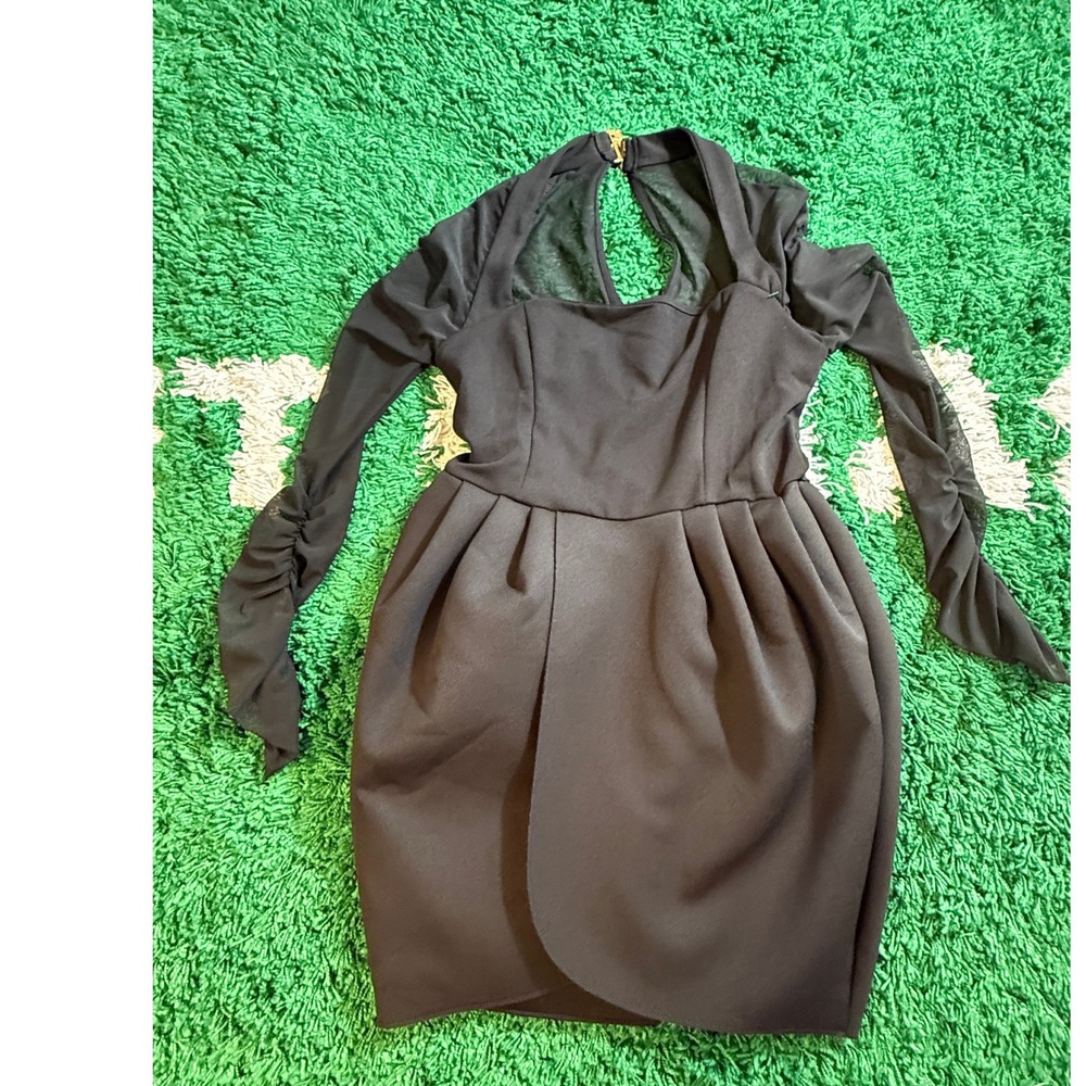 Club L London Mini Dress Womens 12 Black Excellent Mesh Sleeve Tulip Skirt
